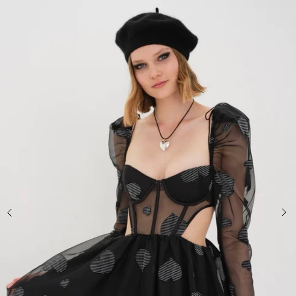 For Love & Lemons Alexandra Long Sleeve Mini Dress Black Hearts NWT